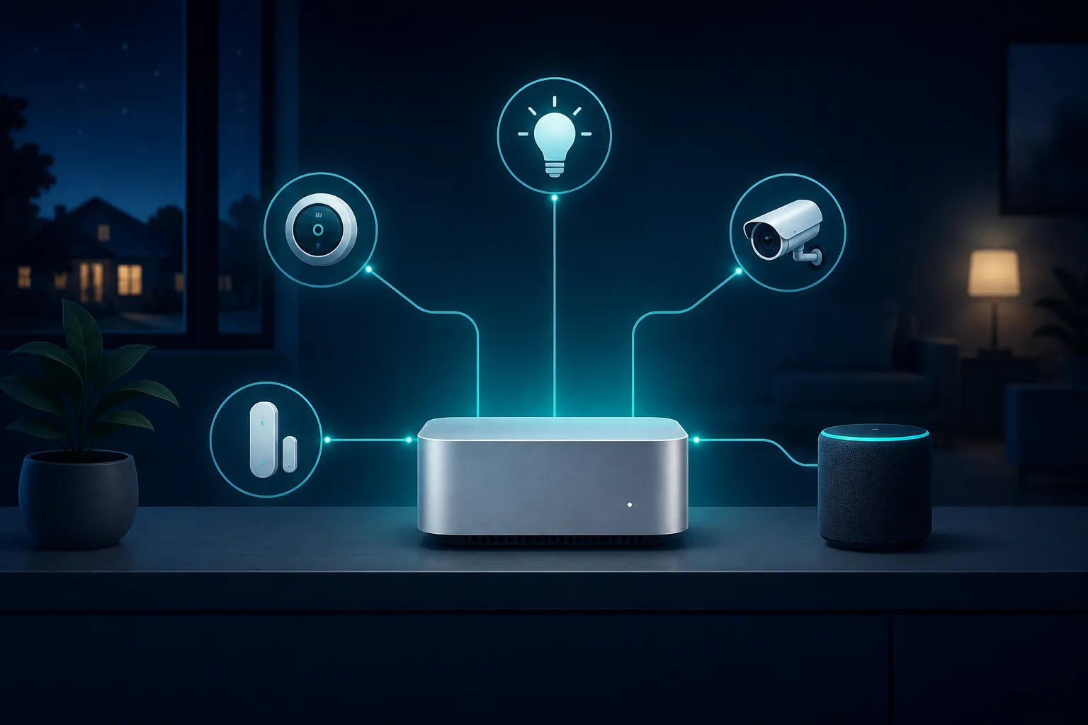 Silver mini computer acting as an always-on smart-home host connected to lights, thermostat, camera, speaker, and door sensor icons