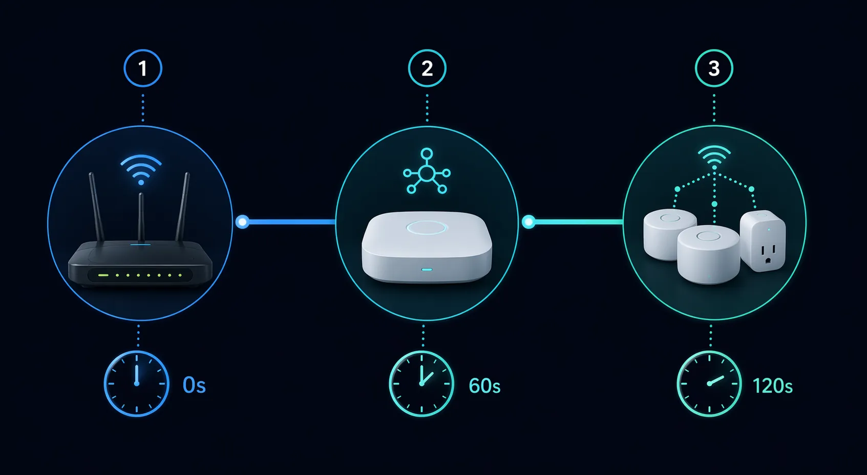Flow diagram showing router at 0 seconds, smart hub at 60 seconds, and mesh peripherals at 120 seconds