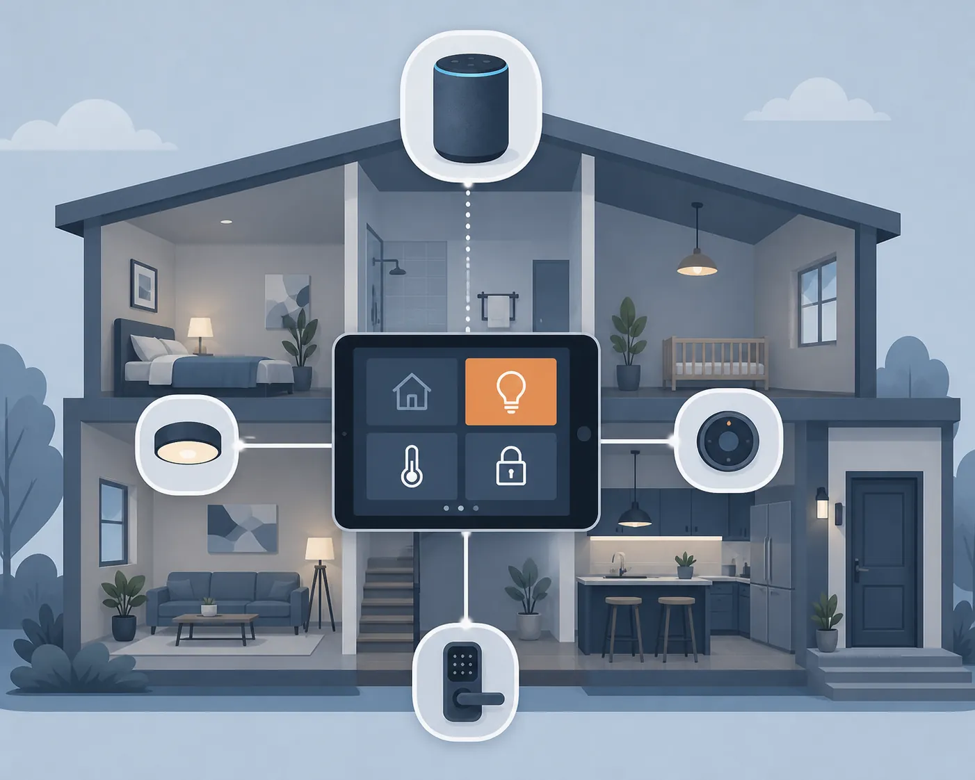 Tablet shown as a central control panel connected to a smart speaker, light, thermostat, and door lock