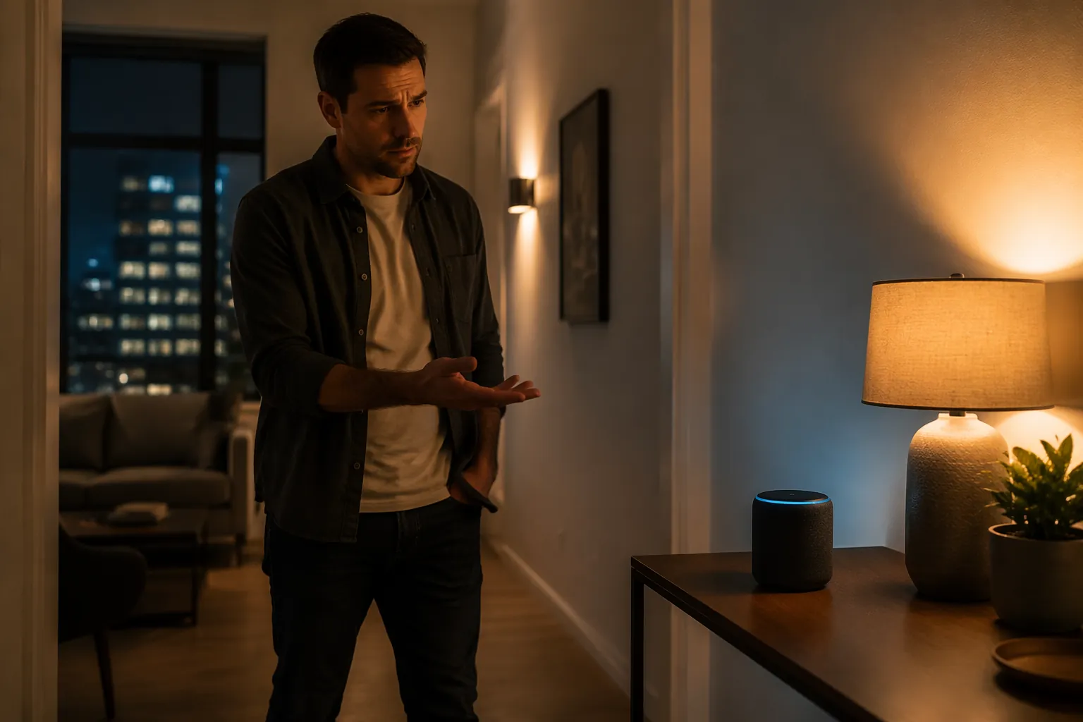 Person waiting in a hallway for a smart speaker to complete a home command