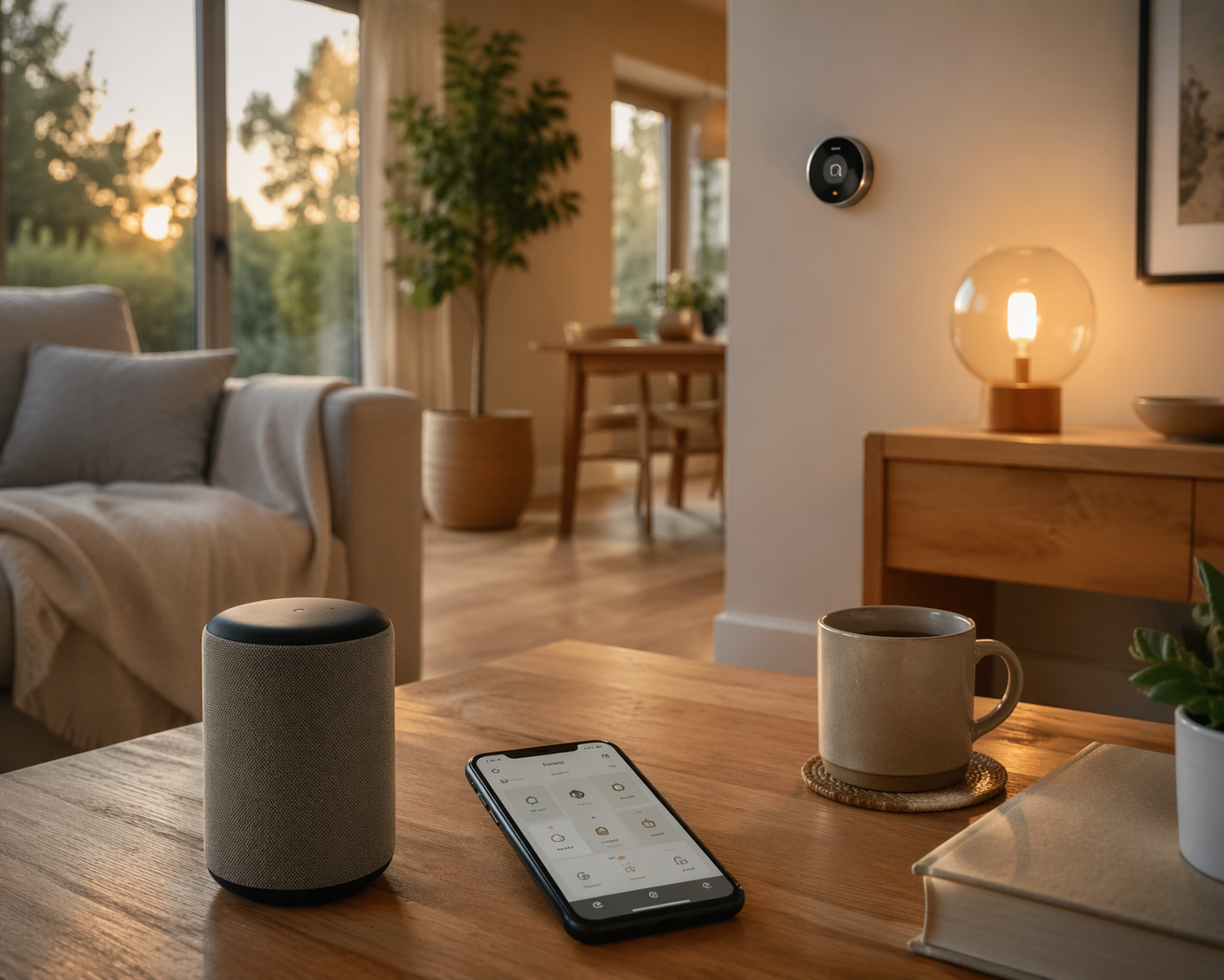 Modern living room with smart speaker, home automation app, smart lamp, and thermostat