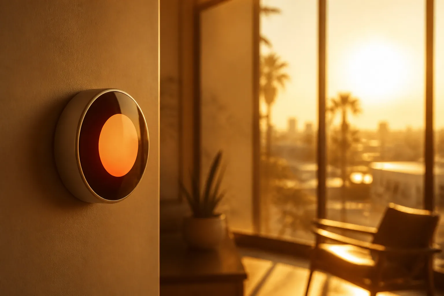 Modern smart thermostat in a sunlit room during extreme heat