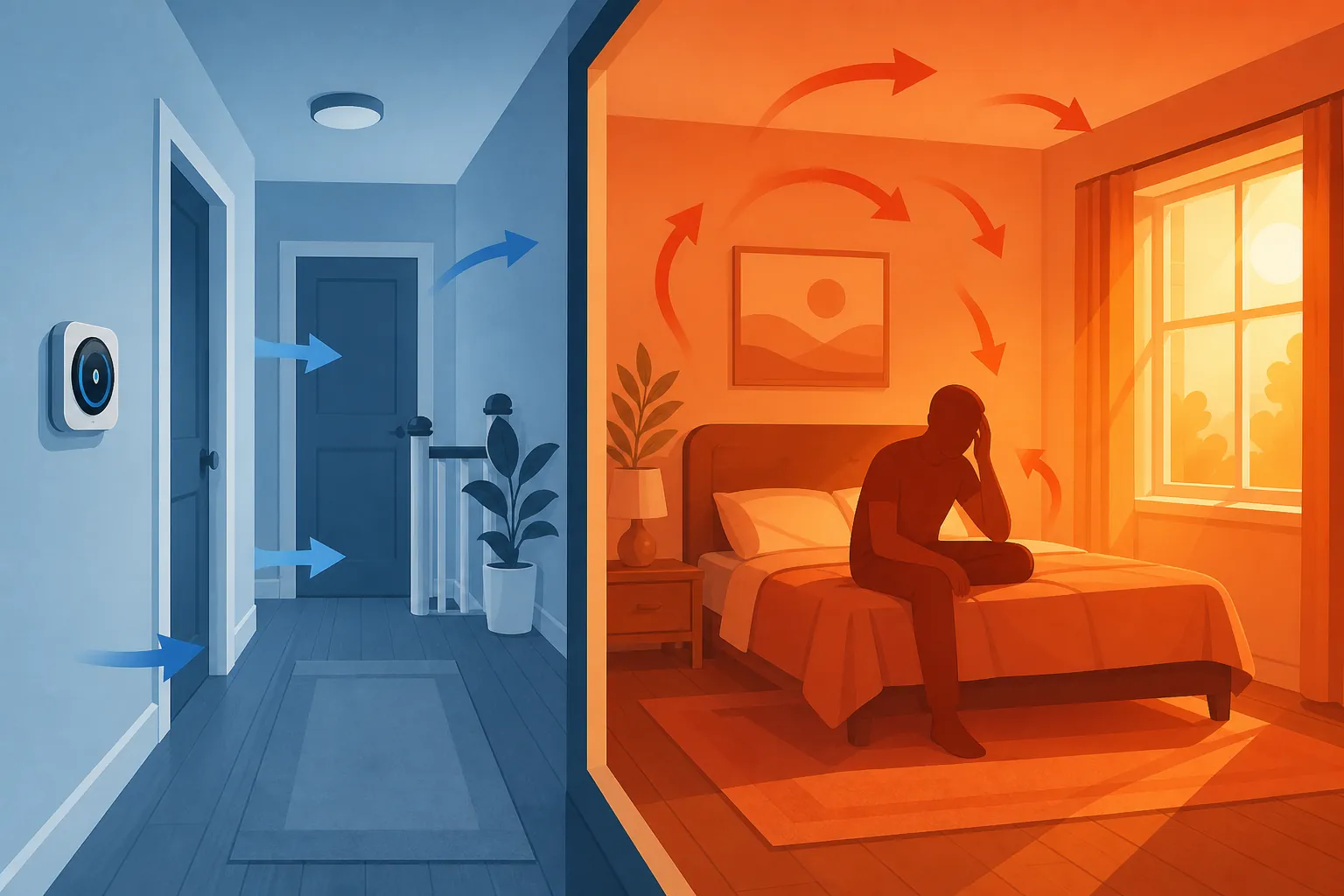 Cross-section illustration showing a cool hallway thermostat while a nearby sunny bedroom remains hot