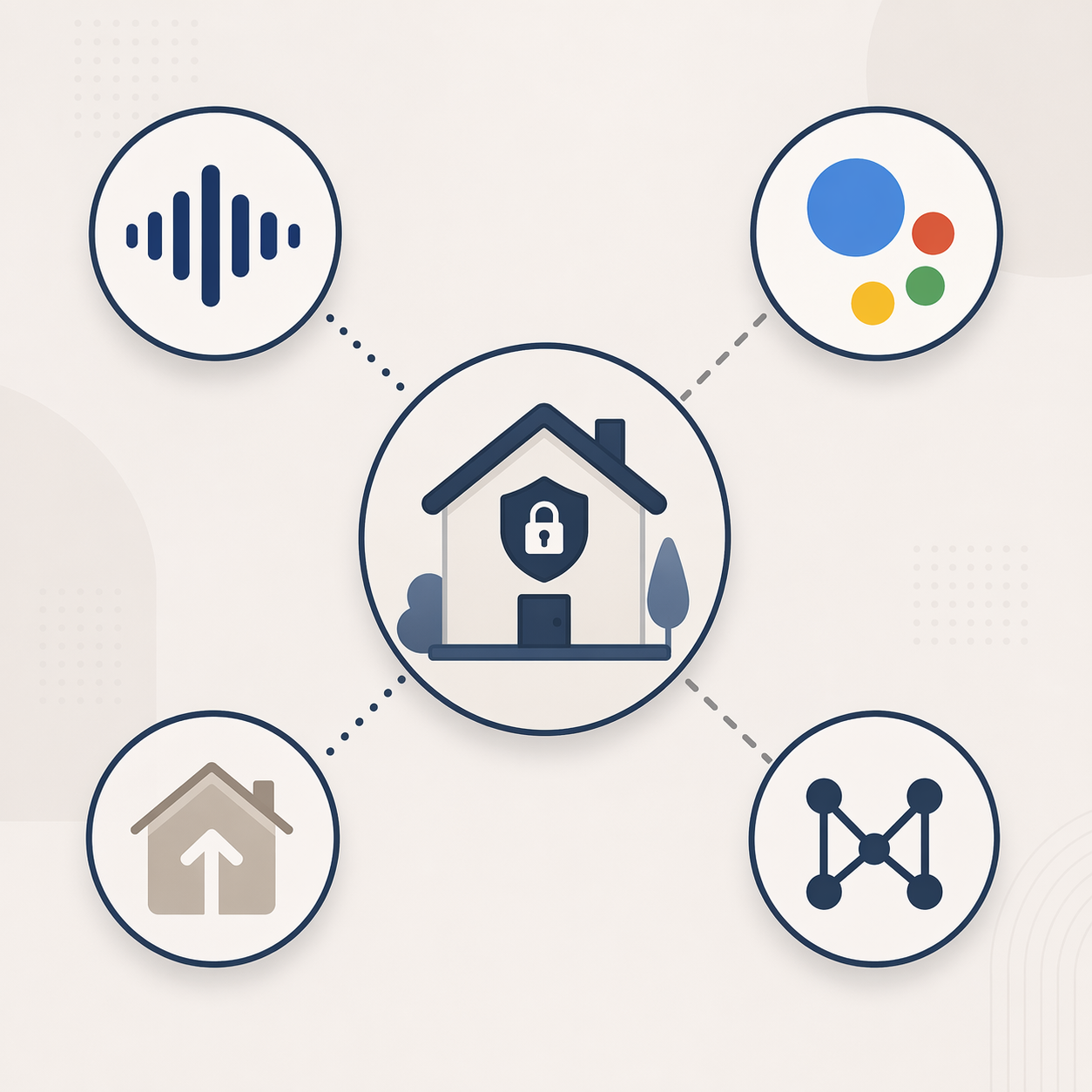 Smart home icon connected to platform symbols showing partial and full ecosystem compatibility