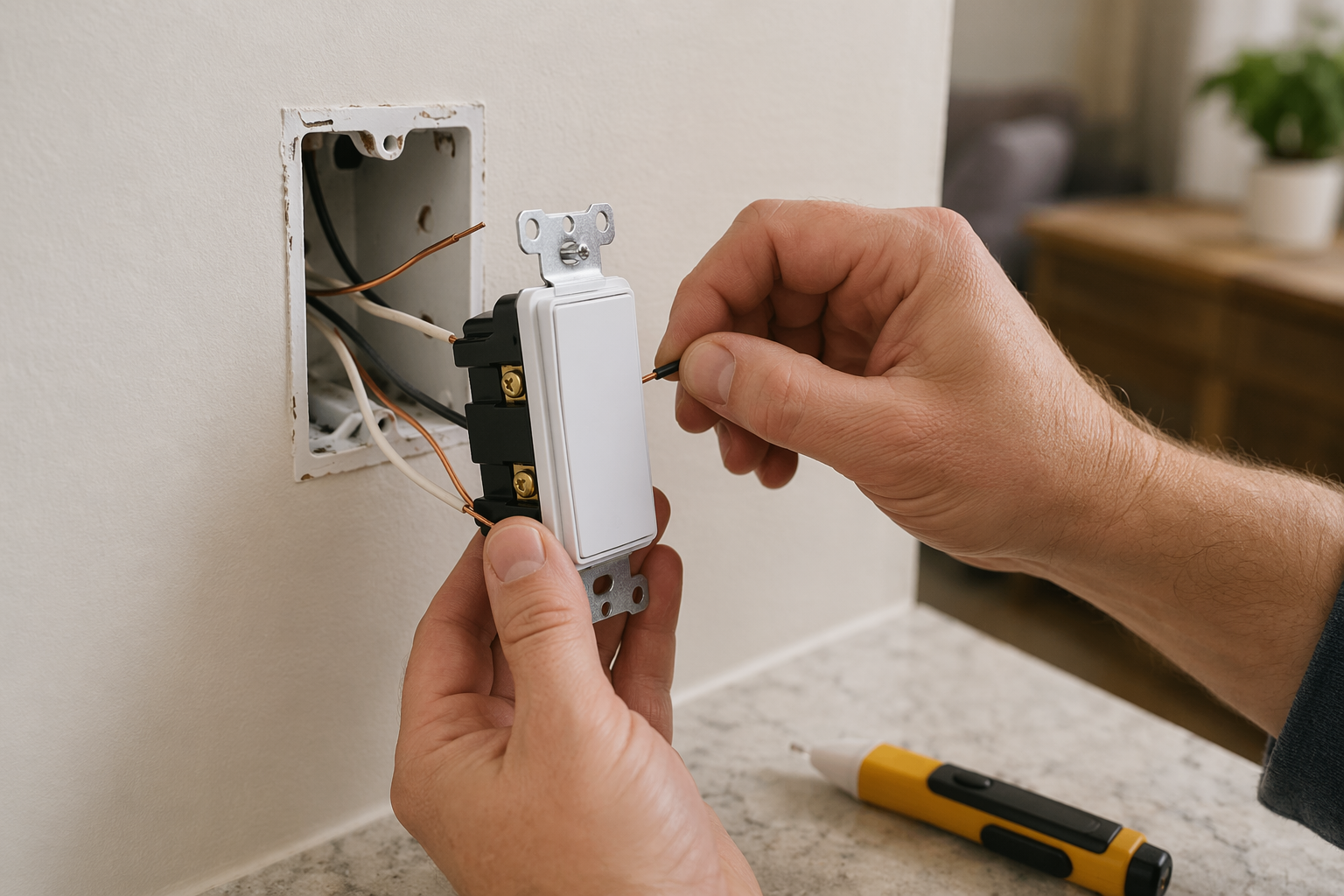 Hands holding a white smart light switch in front of an open wall electrical box with exposed wires and a voltage tester nearby