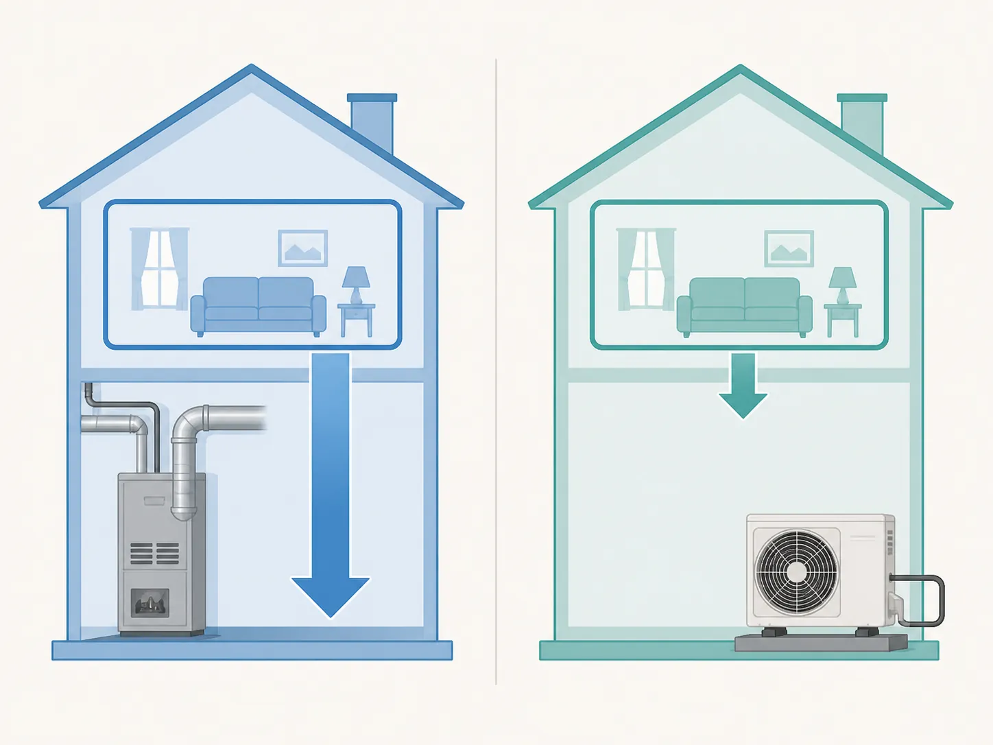An infographic comparing a furnace with a larger setback and a heat pump with a smaller setback