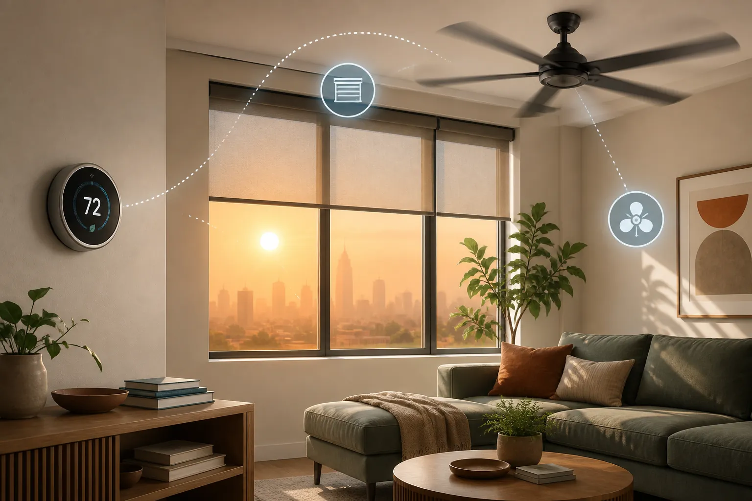 Smart thermostat, automated window shades, and ceiling fan working together during a heat wave