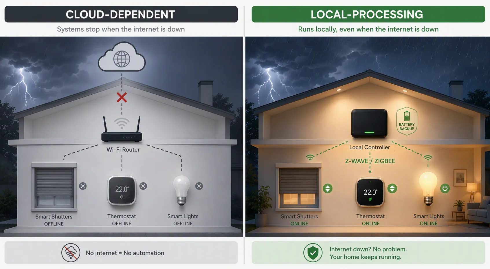 Comparison of cloud-dependent smart home devices offline during an outage and a battery-backed local controller keeping Z-Wave and Zigbee devices active