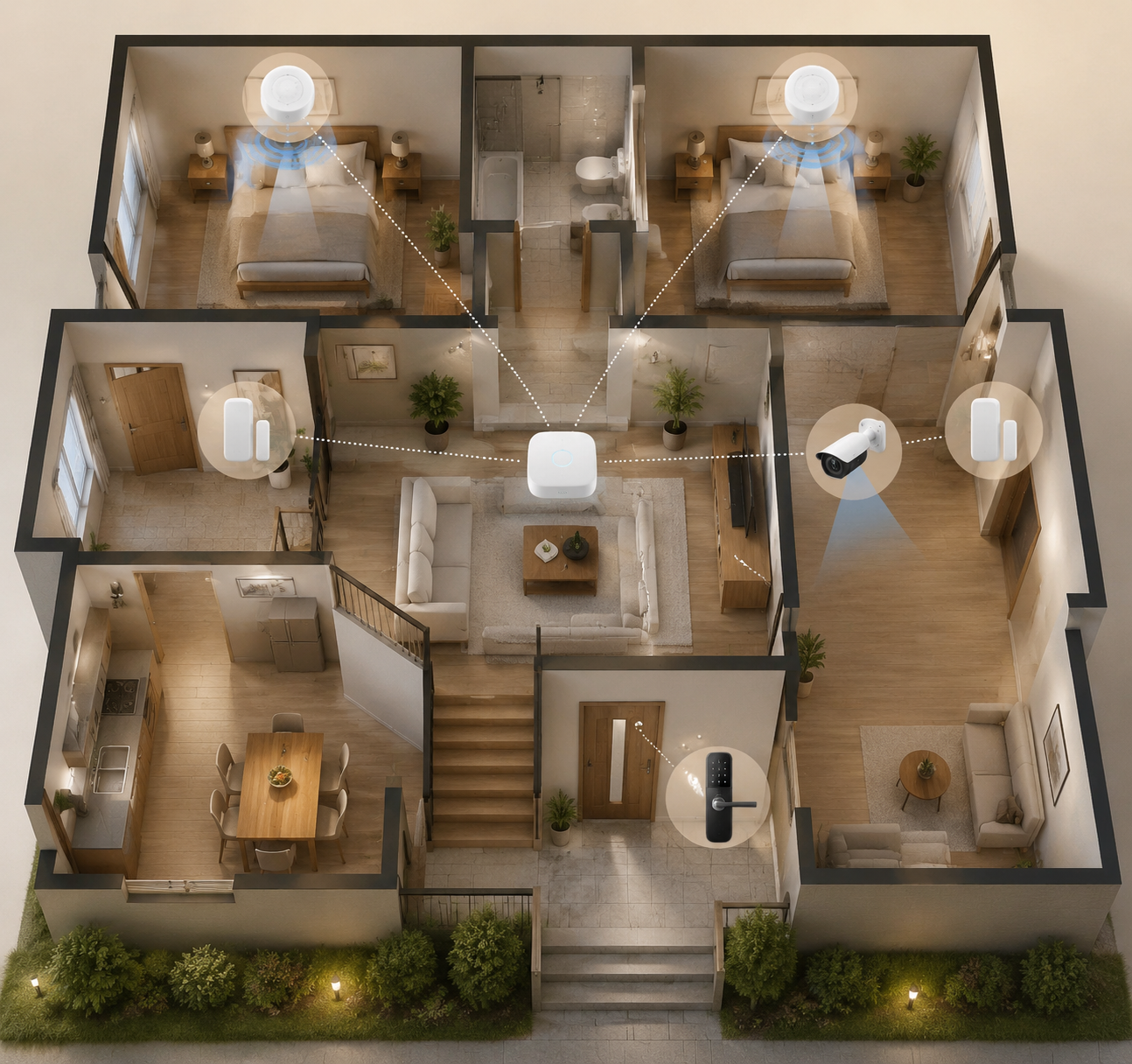 Floor plan showing cameras, contact sensors, smart locks, and mmWave presence sensors by room