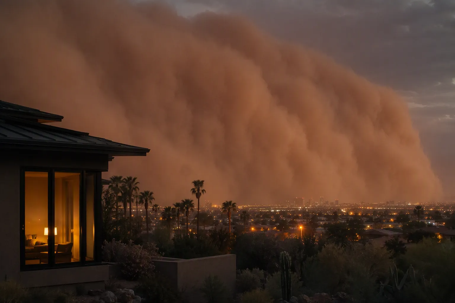 A brown-orange dust wall rolling over a southwestern city at dusk