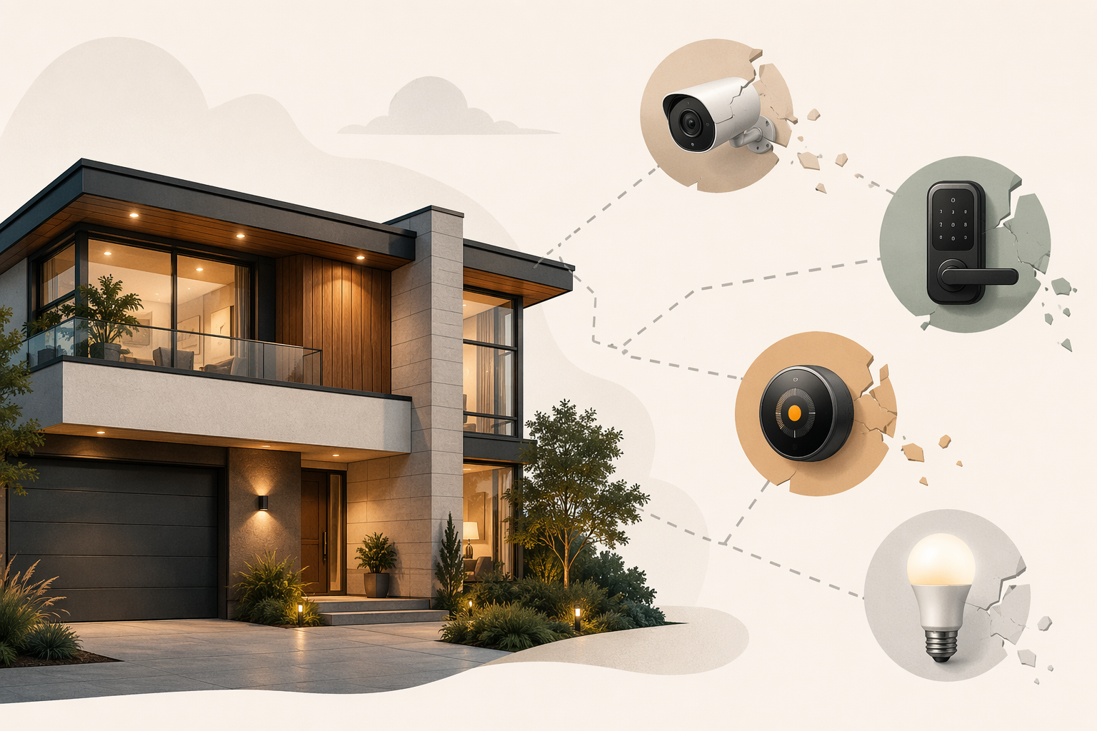 Dream house exterior with smart home device icons connected by broken lines