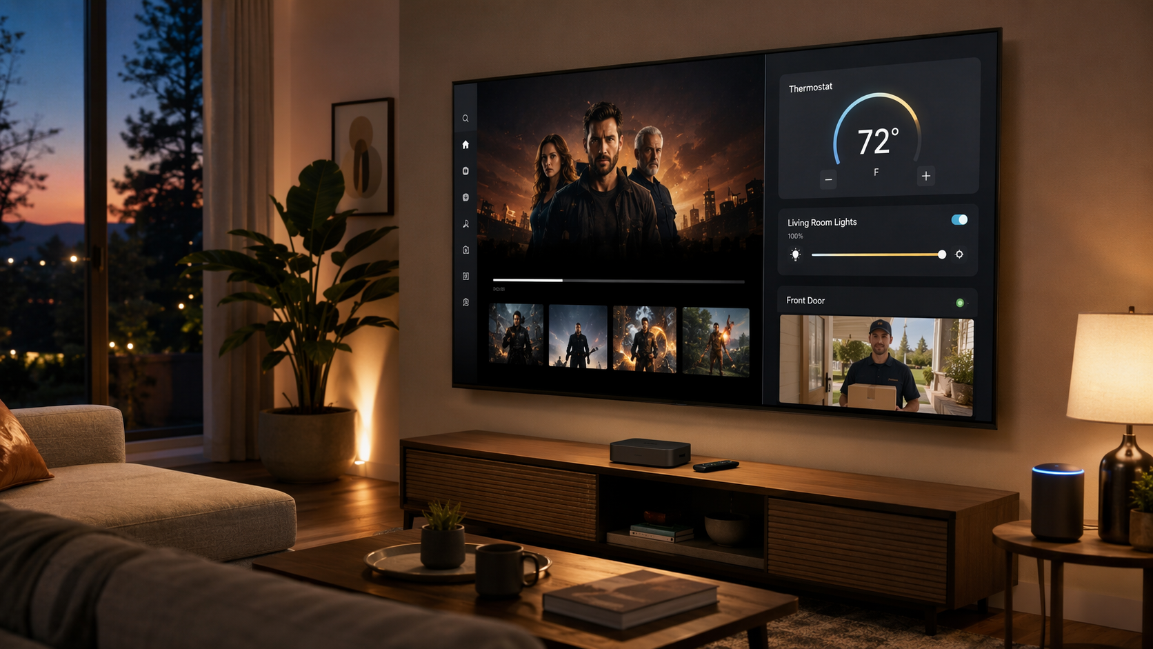 Living room TV showing streaming video beside a smart home dashboard with thermostat, lights, and doorbell camera controls