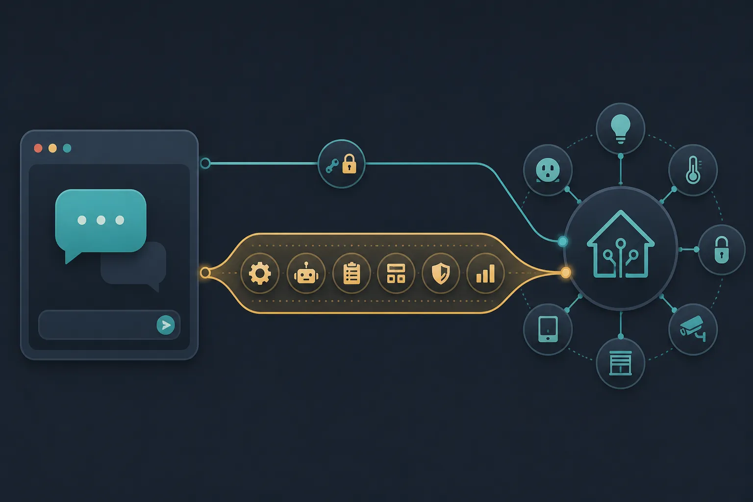 AI desktop app connected to a home-automation hub through a narrow direct MCP route and a wider in-process tool route