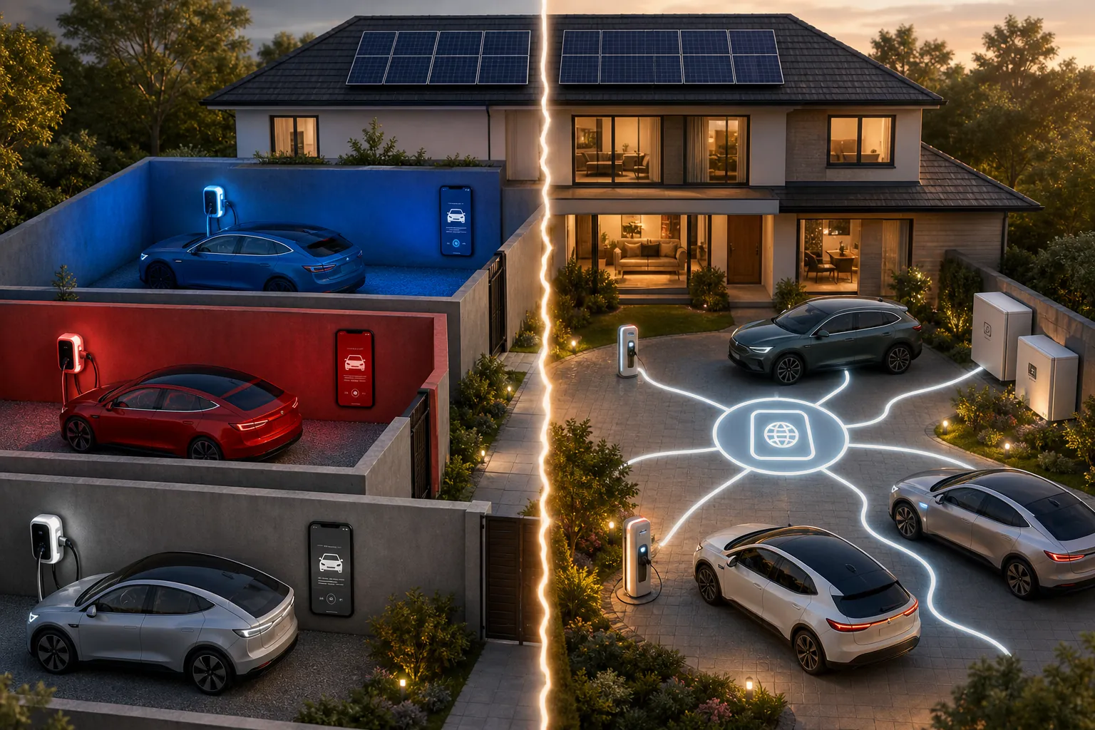 Split view of proprietary EV charging ecosystems and an open standards smart home energy system