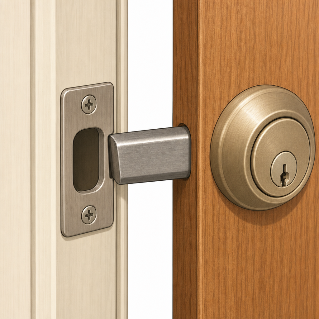 Close-up illustration of a metal strike plate on a door frame where a deadbolt latch is catching on the edge of the plate instead of sliding into the center hole, indicating misalignment.