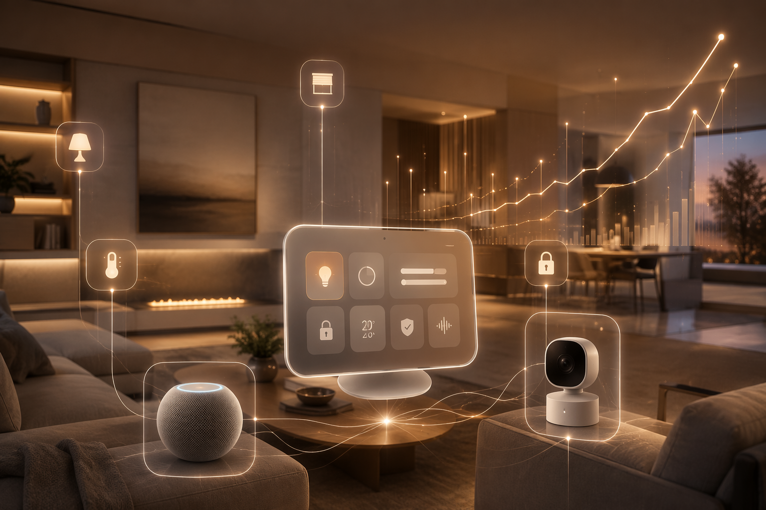 Modern living room with Apple-style smart home devices and market growth lines