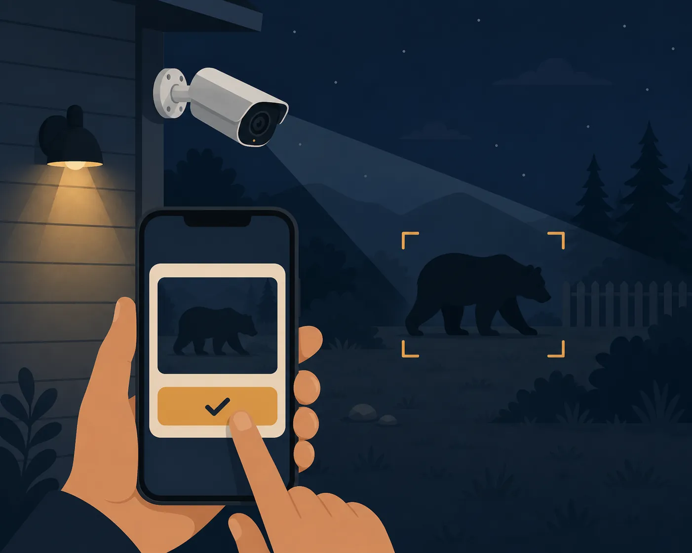 Diagram of a camera detecting a bear and sending a phone alert for human verification