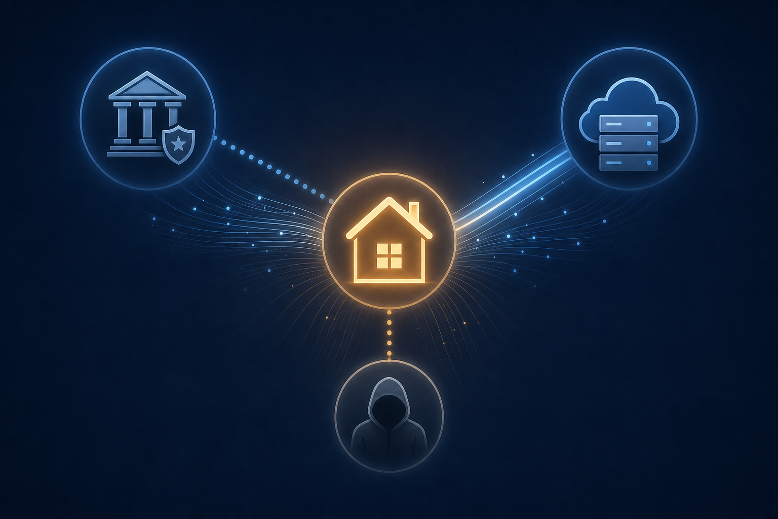 A dark editorial diagram showing a central house icon connected by radiating lines to three surrounding nodes representing institutional access, corporate vendor access, and unauthorized access risk.