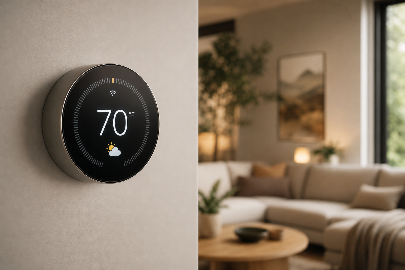 A sleek smart thermostat with a glowing circular touchscreen displaying 70°F mounted on a light-gray wall, with a softly blurred contemporary living room in the background.