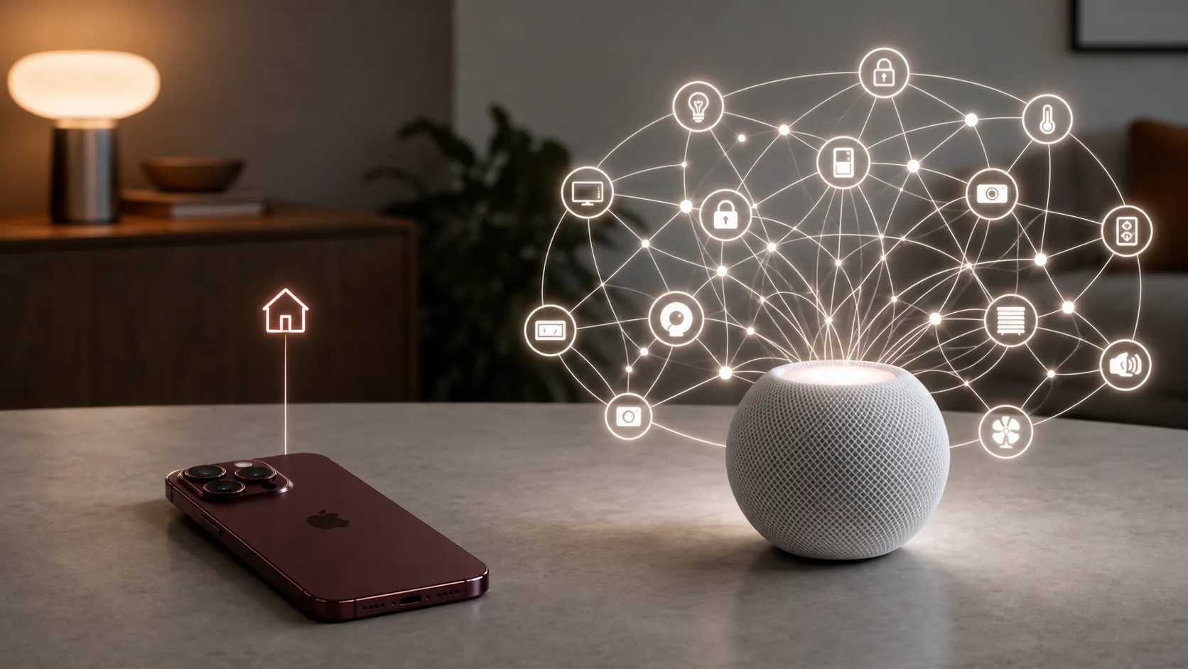 Smartphone beside a HomePod mini-style hub, with the hub shown as the center of the smart home network