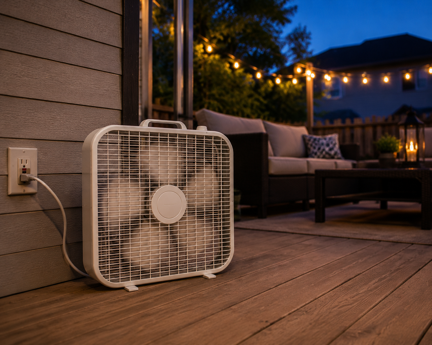 A 20-inch white box fan placed low on a wooden deck at dusk, aimed across a patio seating area