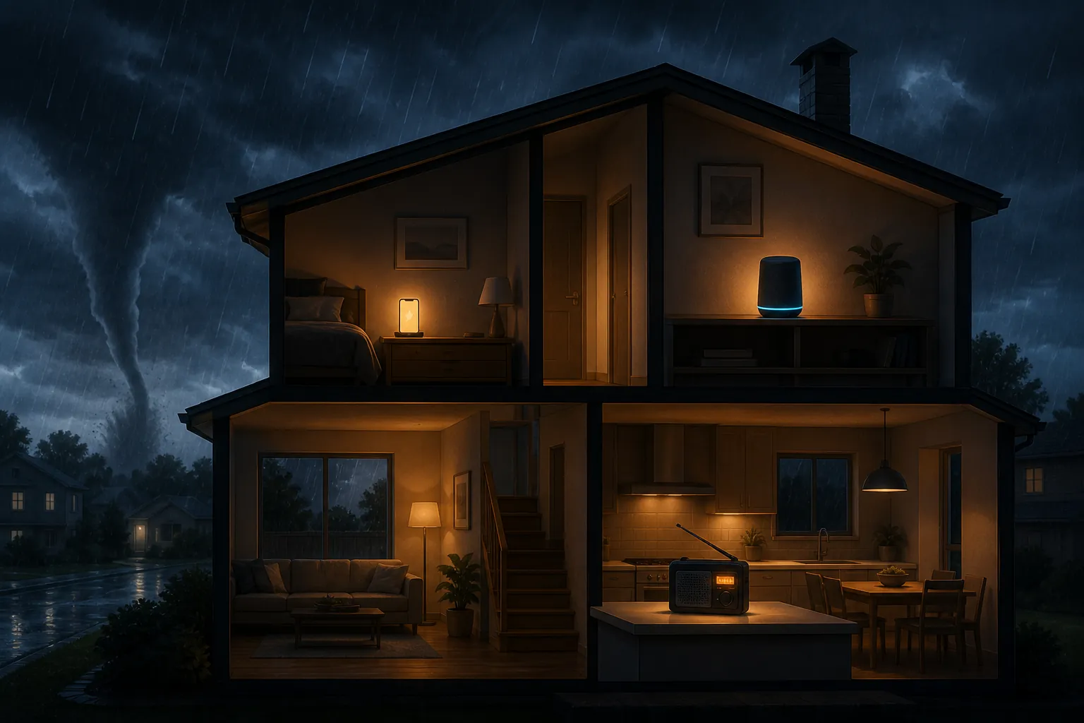 Suburban house at night with a smartphone, smart speaker, and battery radio alerting under a stormy sky