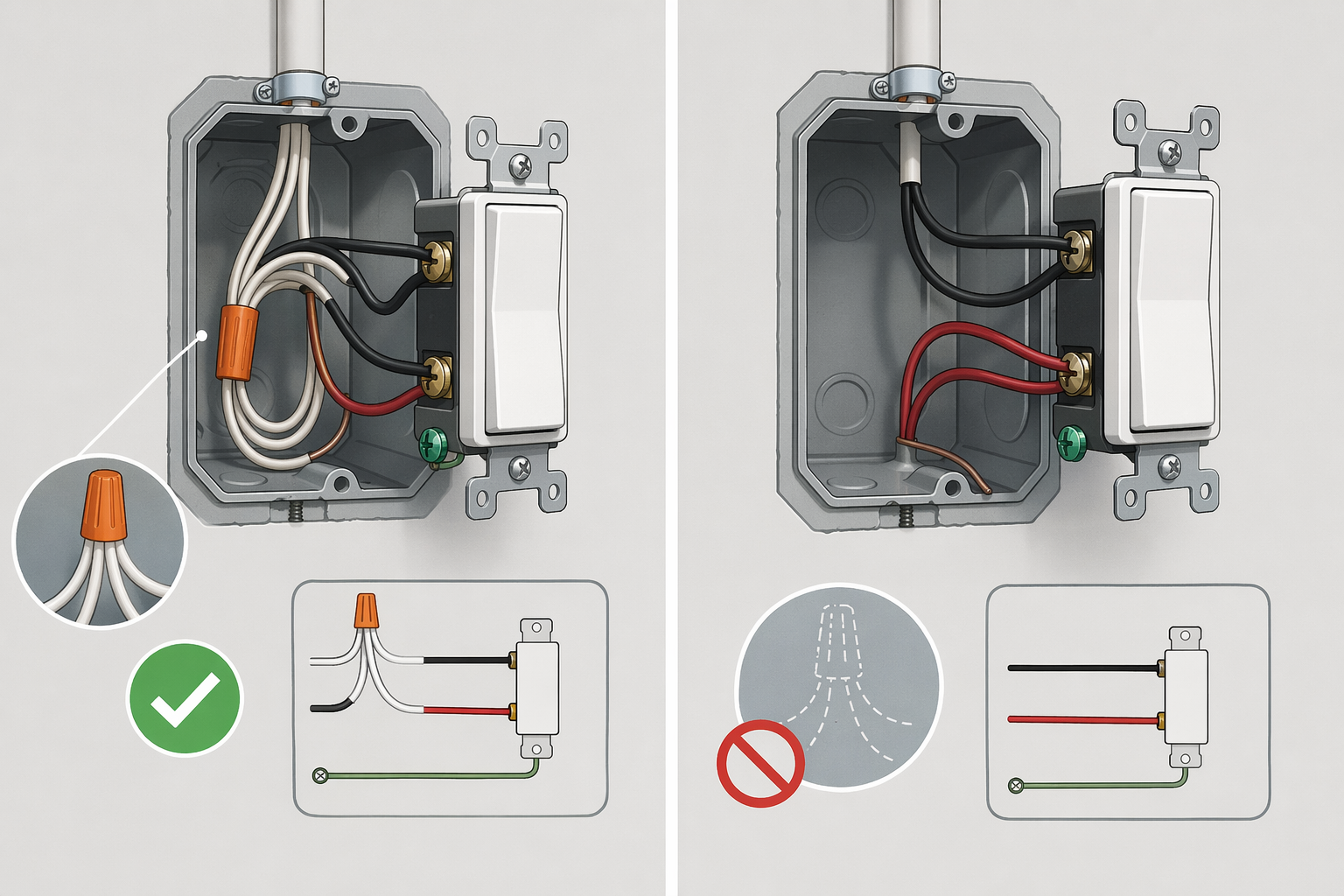 Comparison of a modern switch box with neutral wires and an older switch box without a neutral bundle