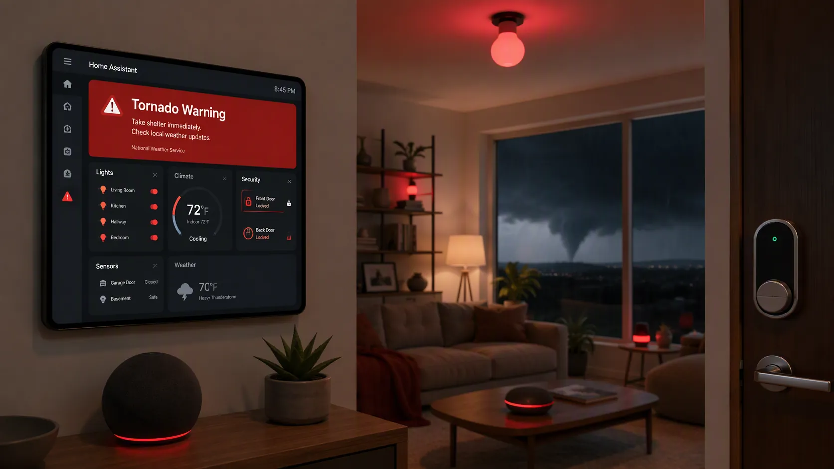Modern living room responding to a Tornado Warning with red smart lights, a smart speaker, and a smart lock