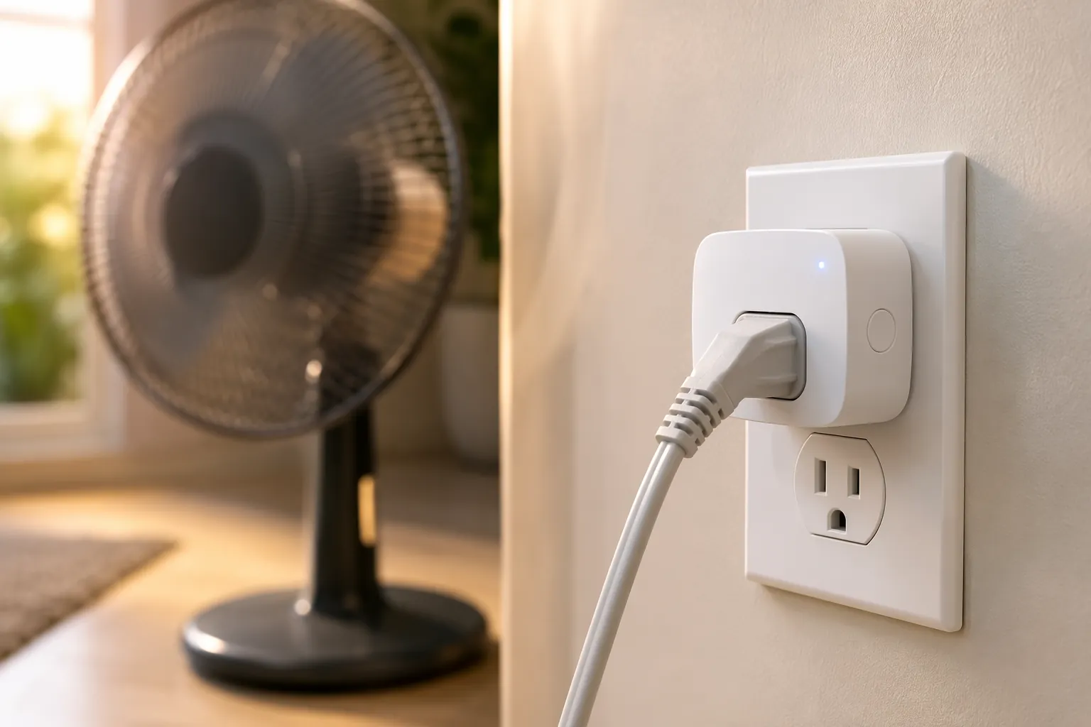 Smart plug connected to a standard floor fan for a simple heat-wave automation