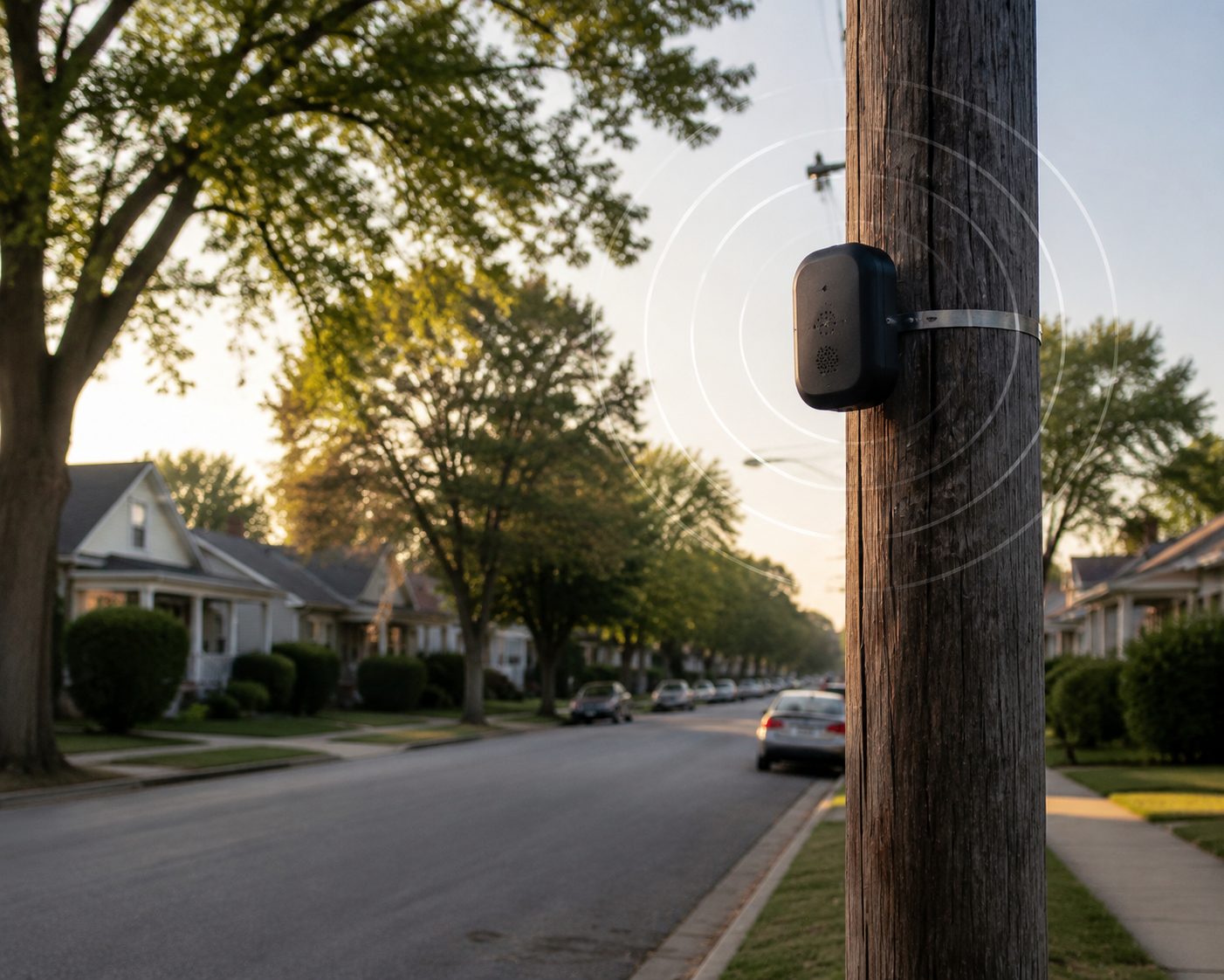 Residential street with a pole-mounted audio surveillance sensor emitting subtle sound-wave rings