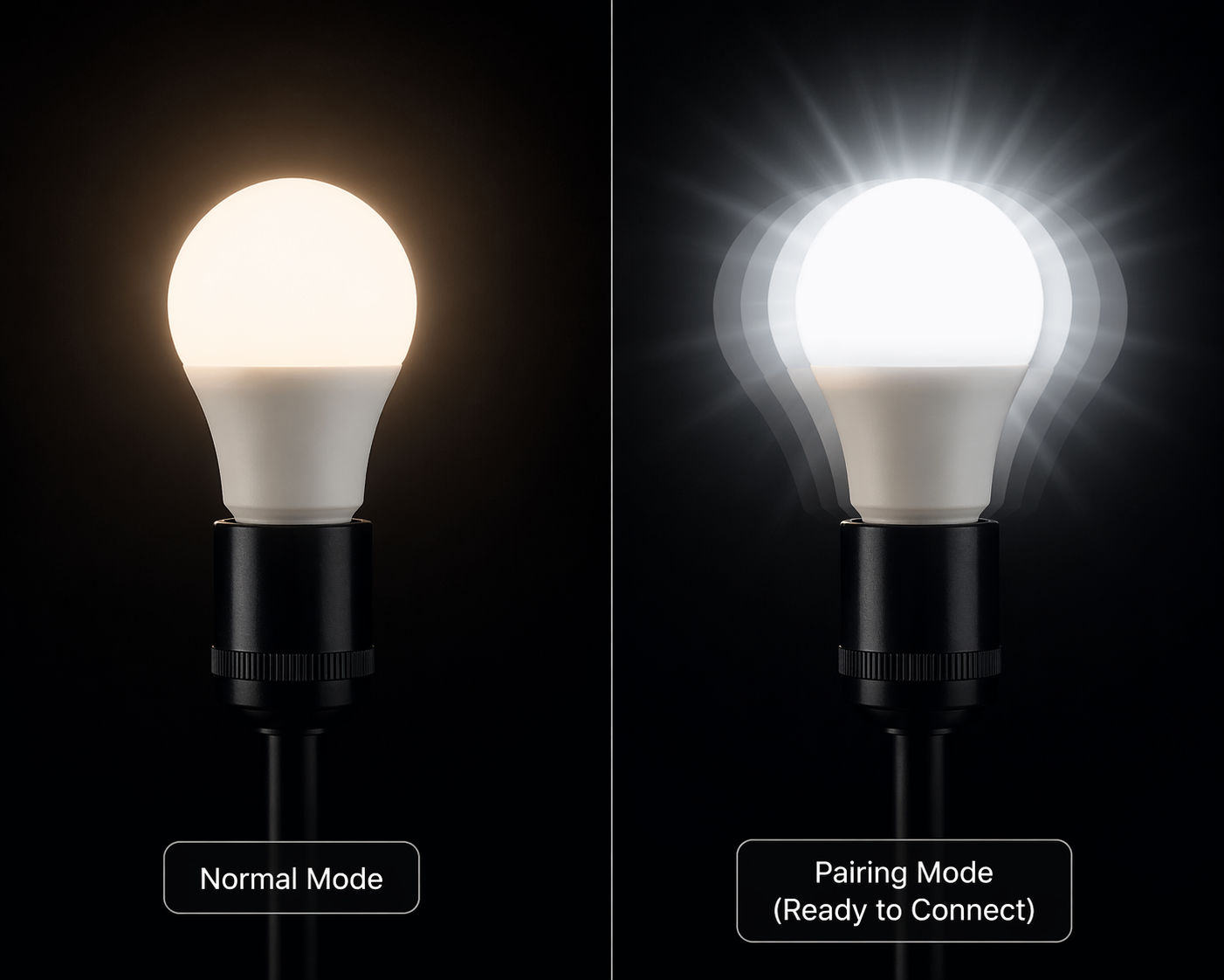 Split image of a smart bulb in a lamp socket: left side glowing steady warm white labeled 'Normal Mode,' right side blinking rapidly with a brighter cool white labeled 'Pairing Mode (Ready to Connect).'