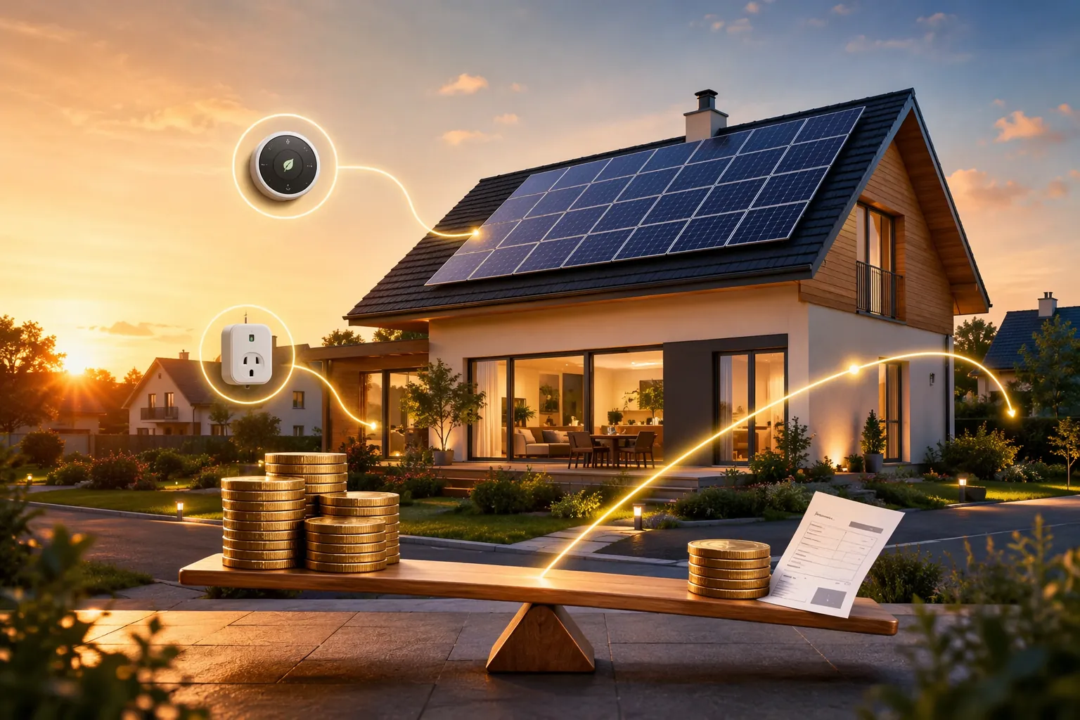 Modern suburban home with rooftop solar, smart home energy icons, coins, and a utility bill suggesting monthly cash flow