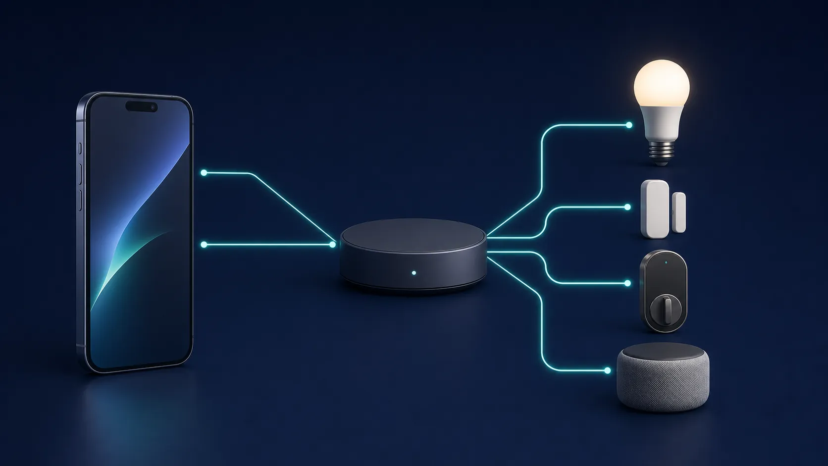 Smartphone and smart-home devices split between direct phone connections and a separate hub route