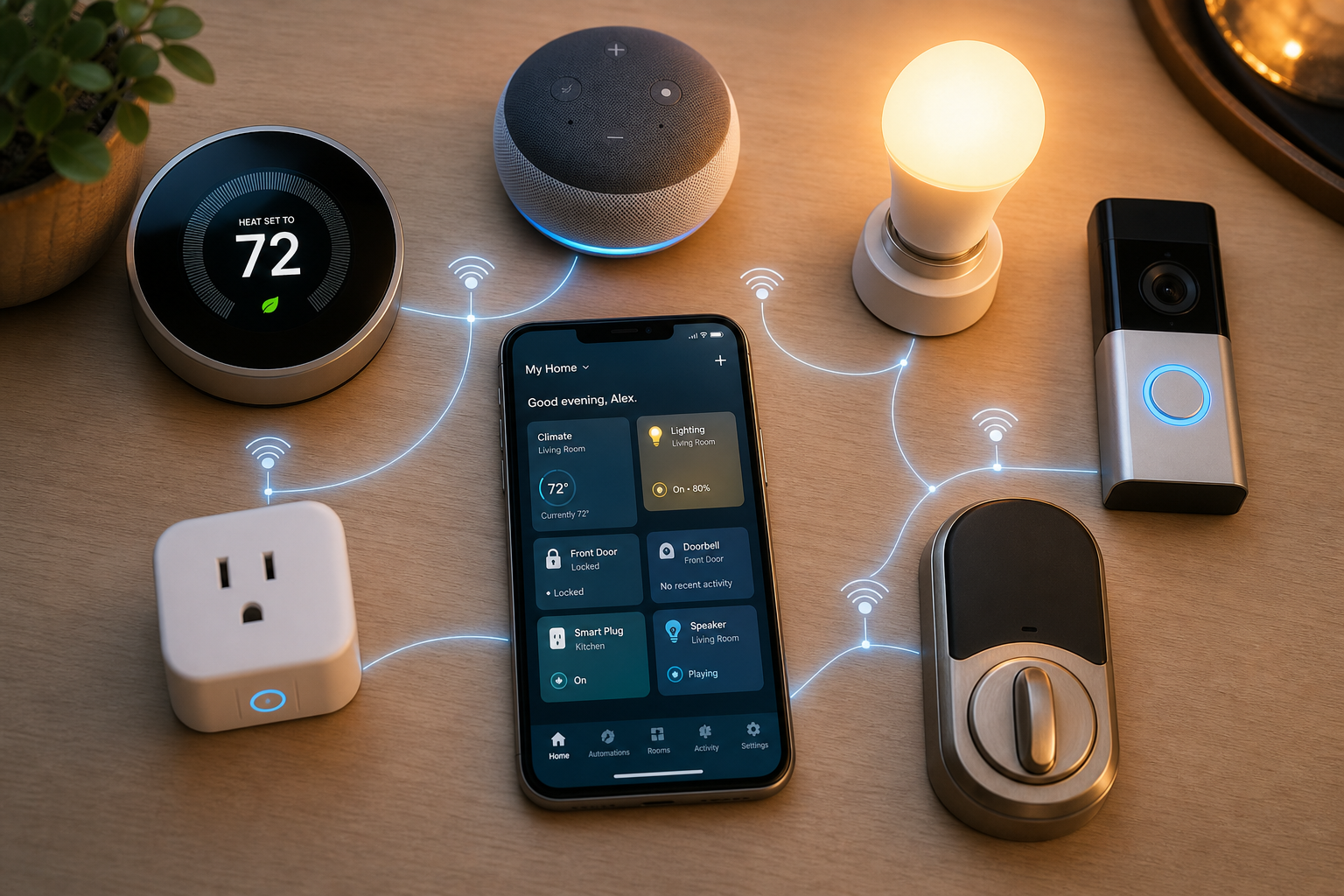 A flat-lay composition on a light wood surface showing a circular smart thermostat, a voice-assistant smart speaker, a glowing smart bulb, a video doorbell, a smart lock, and a smart plug, with a smartphone displaying a smart home control dashboard and subtle glowing network connection lines between devices.
