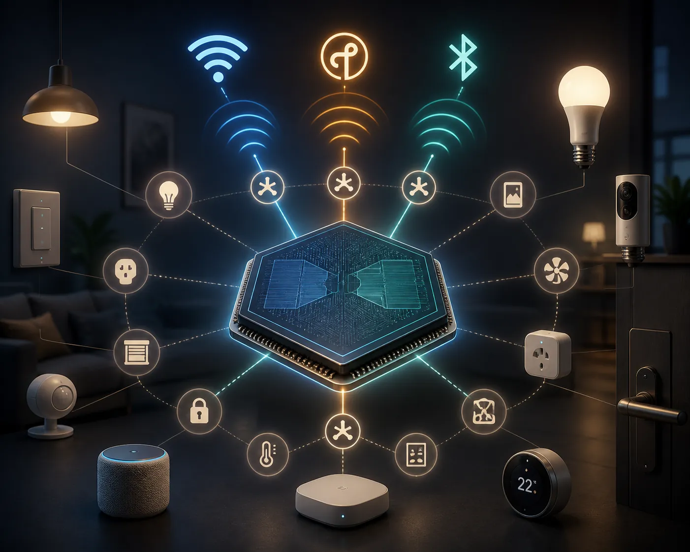 Glowing chip die with wireless signals from smart home devices converging around Matter-style nodes