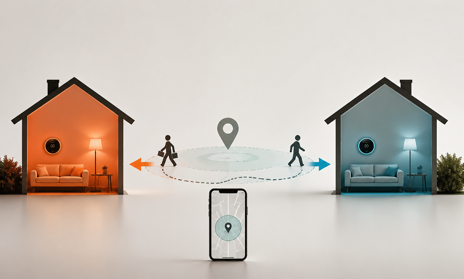 Two house silhouettes showing comfort mode and setback mode connected by geofenced departure and arrival paths