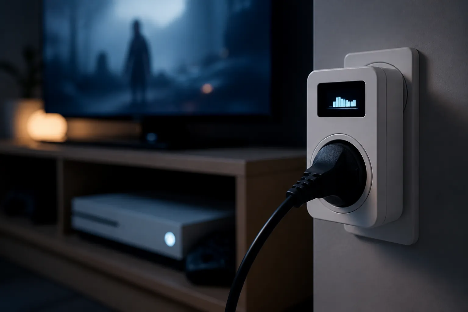 Energy-monitoring smart plug connected to a television and entertainment cluster