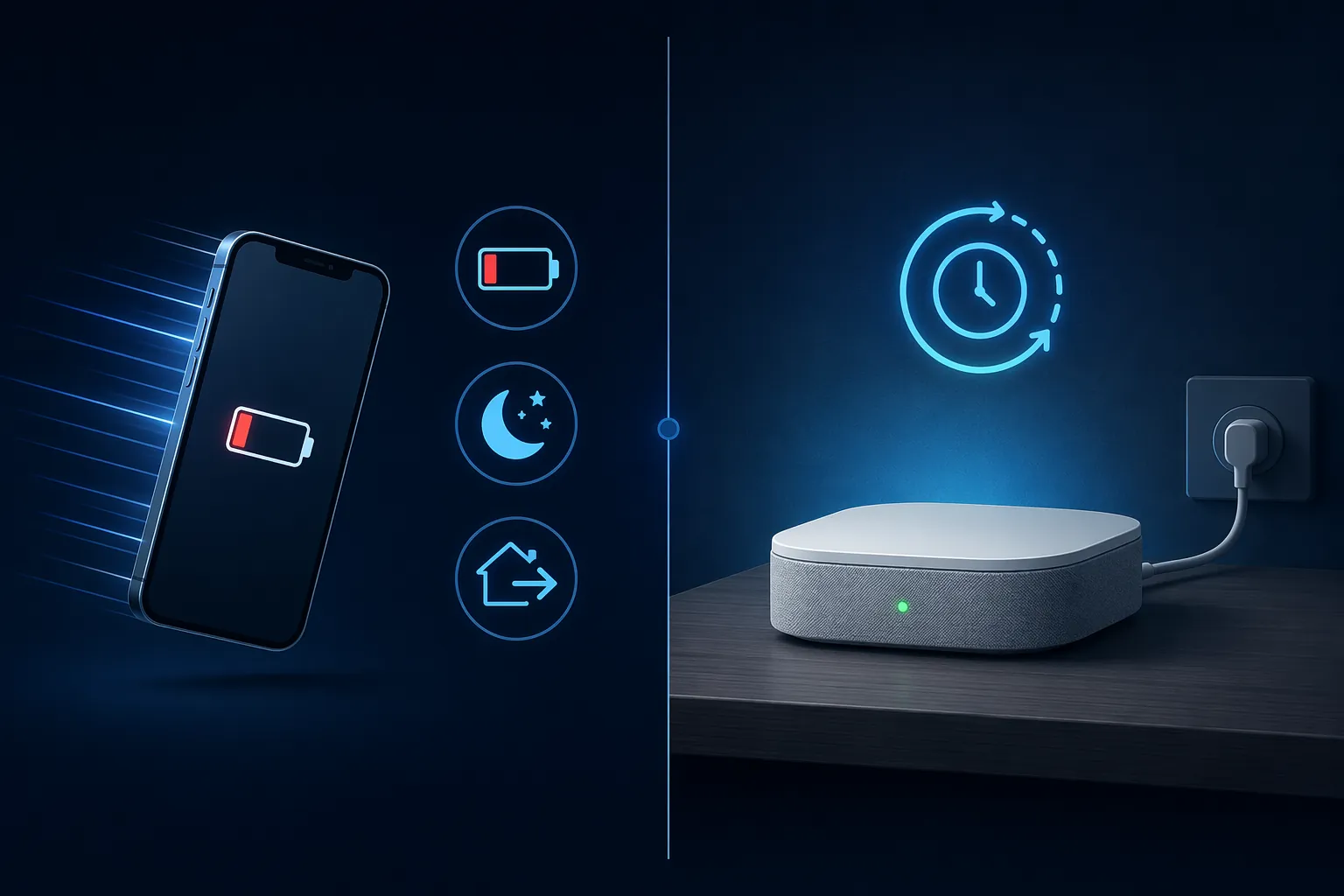A mobile phone with battery and sleep warnings compared with a plugged-in smart home hub running continuously