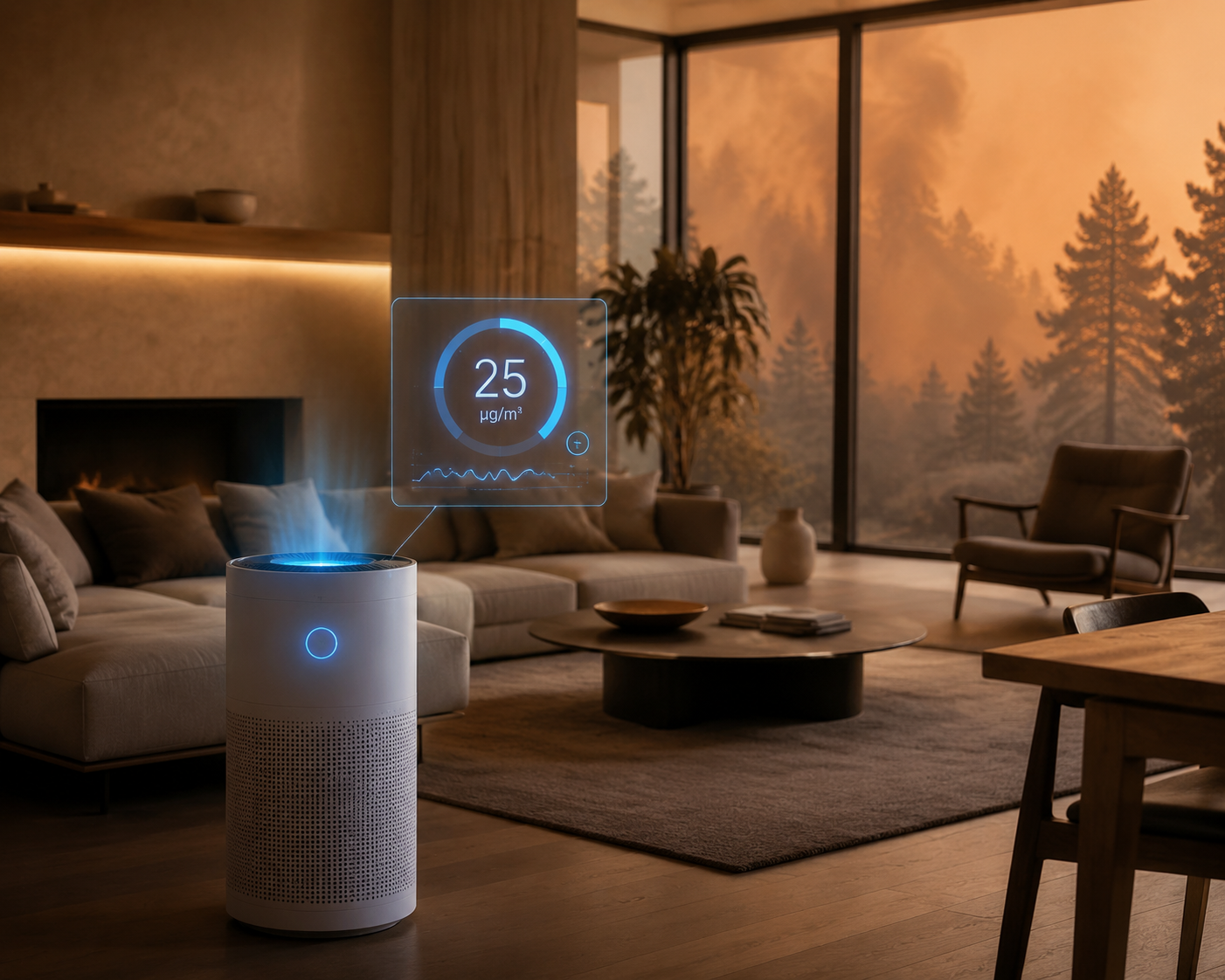 Smart air purifier in a smoky living room showing a 25 µg/m³ PM2.5 automation trigger