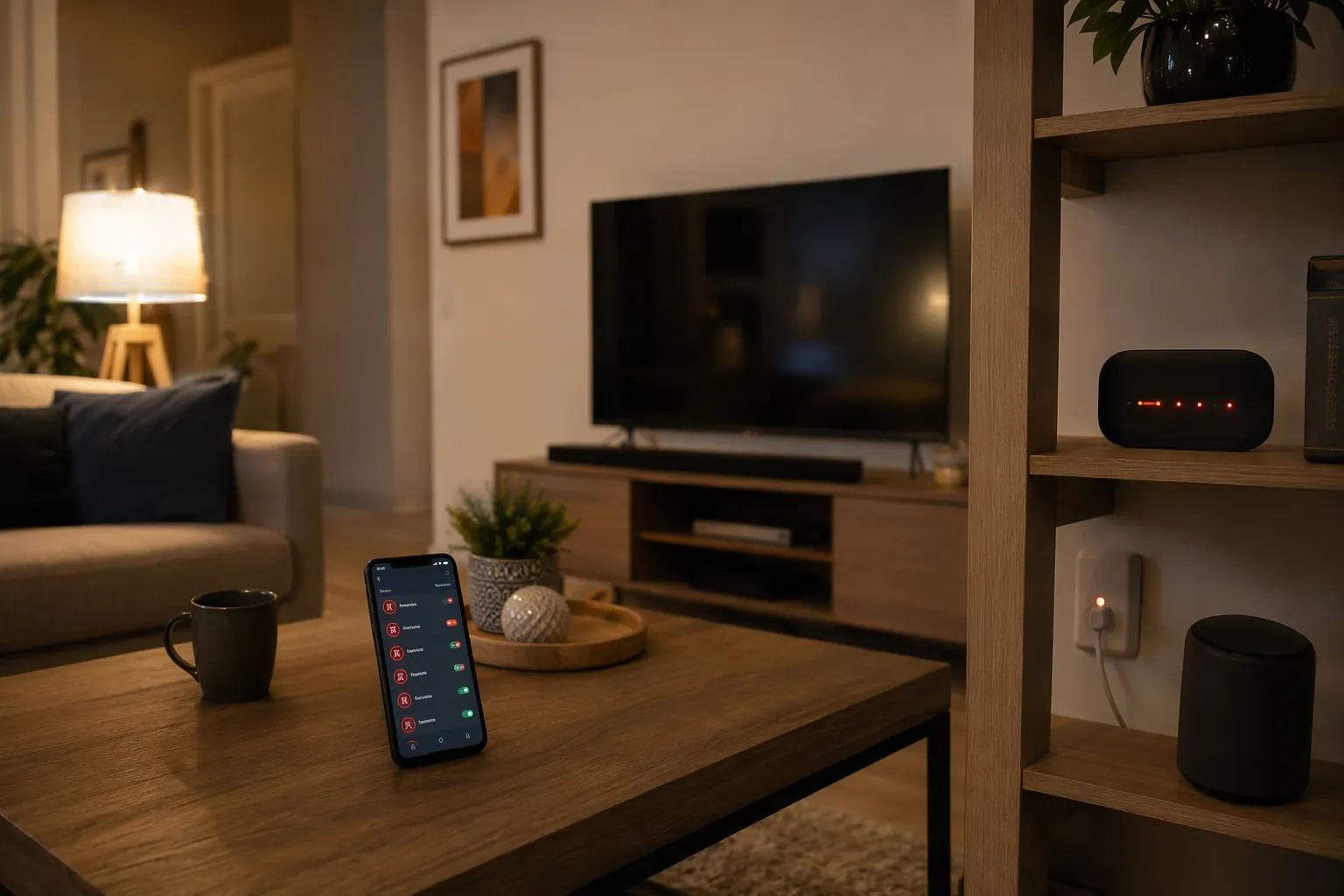 Living room after a power outage with a smart hub showing red error lights and a phone app listing mixed online and offline devices