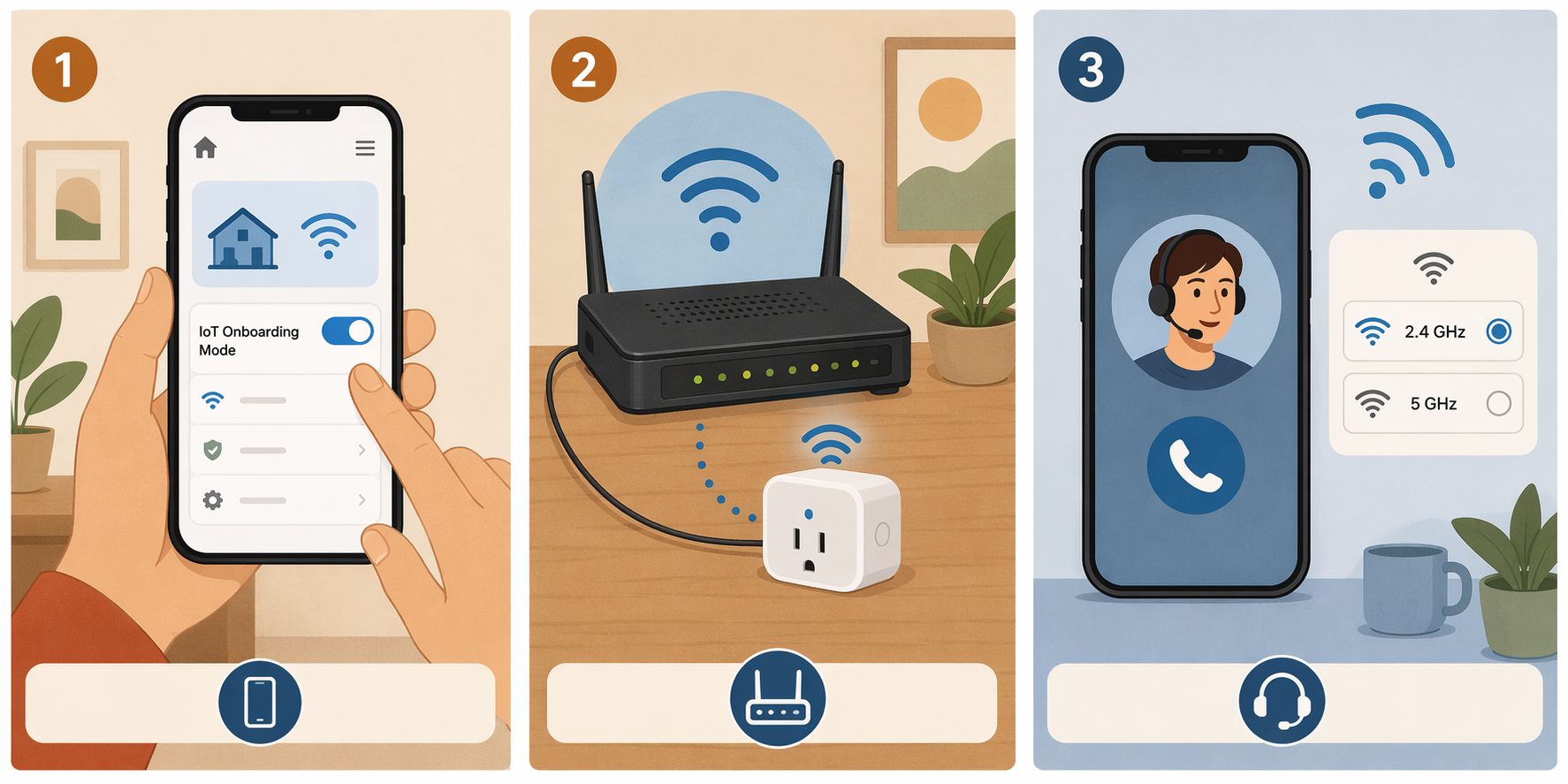 Three illustrated solutions for connecting a 2.4GHz smart plug to Wi-Fi