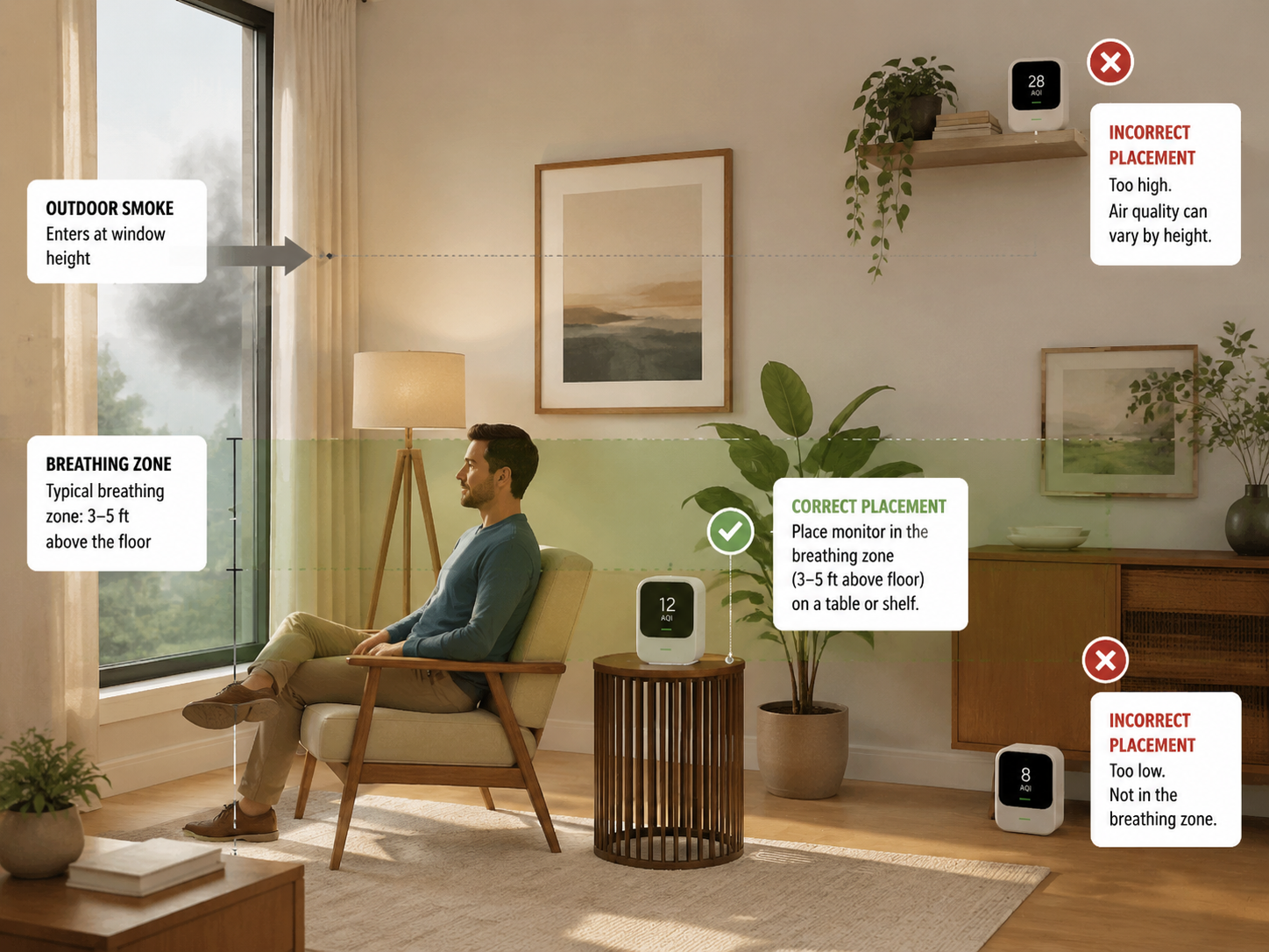 Correct smart air quality monitor placement at 3 to 5 feet with incorrect floor and high wall placements crossed out