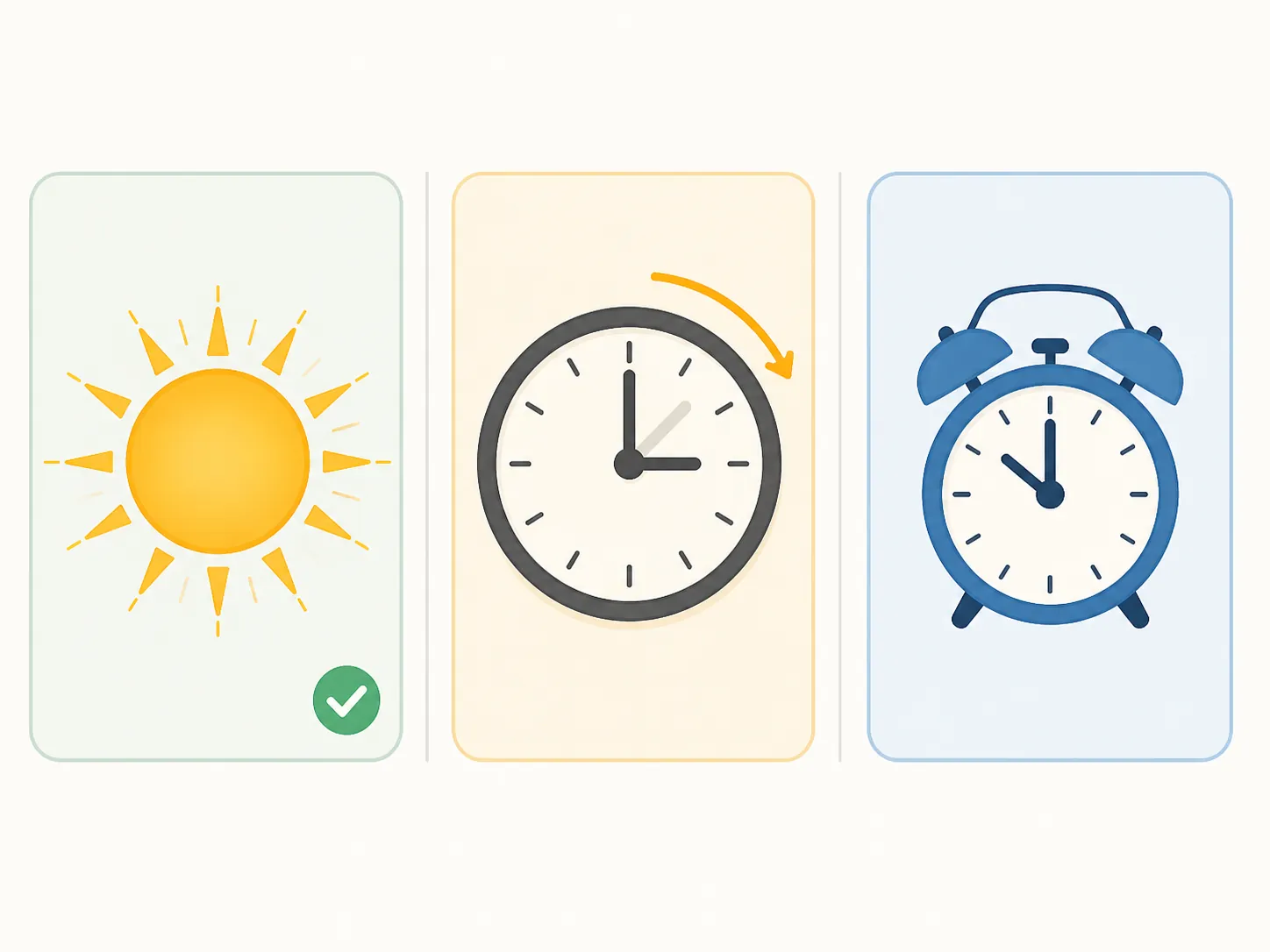 Three-panel illustration grouping sun-relative, shifted clock, and alarm-anchored routines