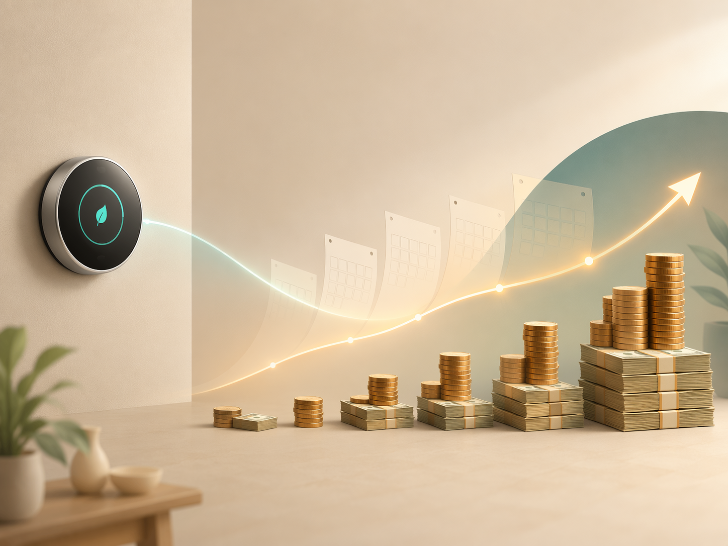Smart thermostat payback flow showing a thermostat connected to growing stacks of money over time
