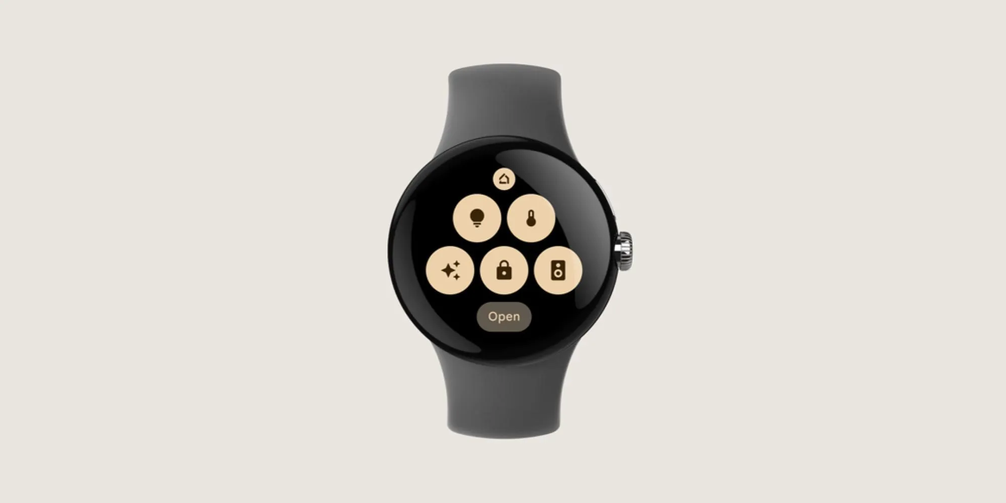 Wear OS smartwatch showing the Google Home Favorites tile with smart-home shortcuts