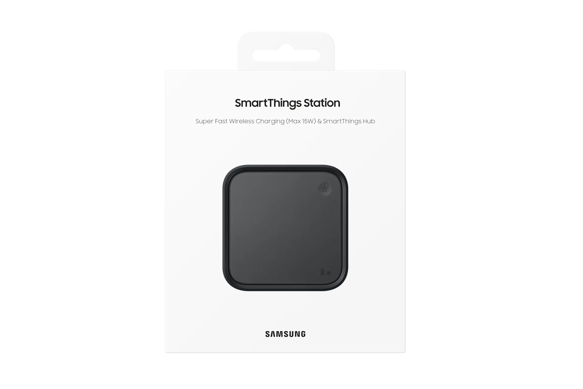 Black Samsung SmartThings Station hub shown as a compact standalone device