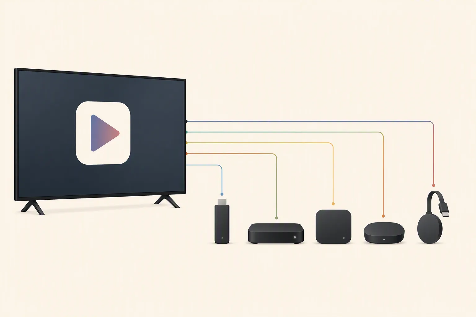 Illustration of a smart TV connected to several streaming devices