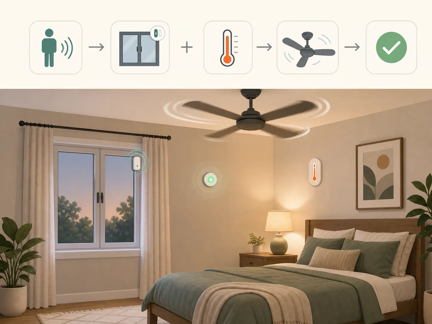 Bedroom fan automation using presence, closed-window, and temperature conditions