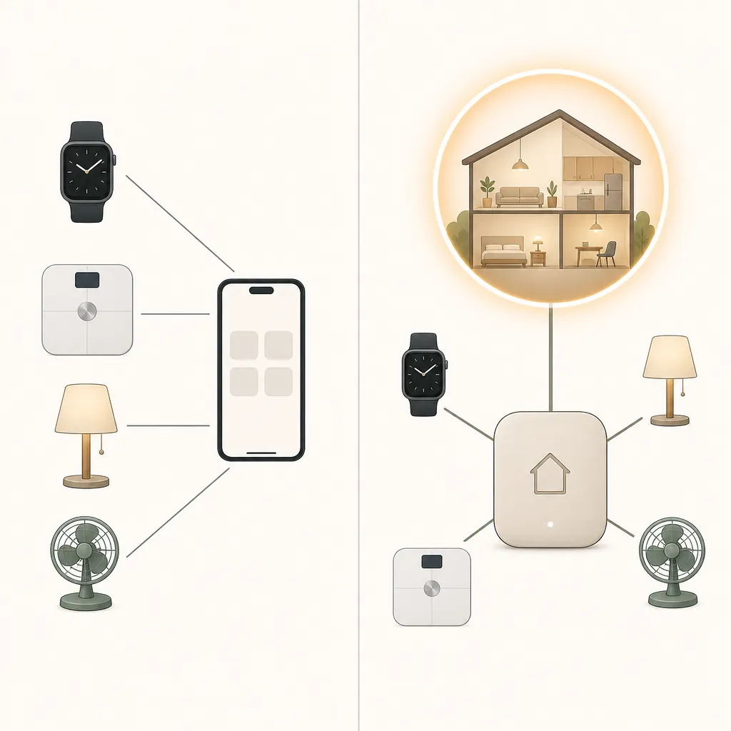 Comparison of gadgets connected only to a phone app versus gadgets connected through a central smart-home hub