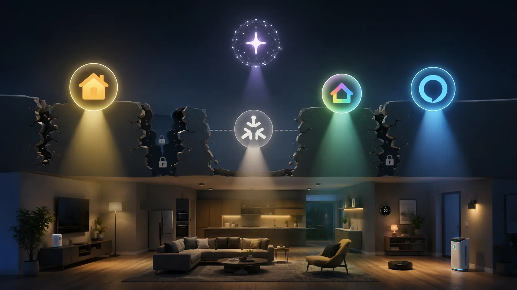 Modern living room with separate smart home ecosystem icons, a cracked Matter bridge, and an AI spark above locked platform areas